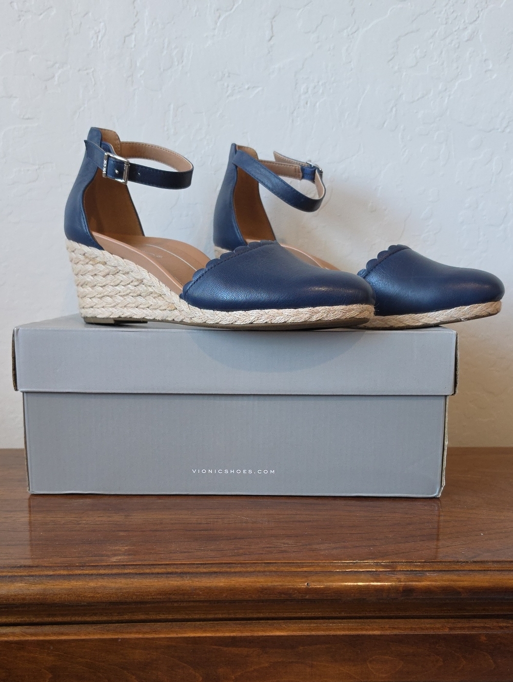 Vionic Blue Ankle-Strap Espadrille Wedges